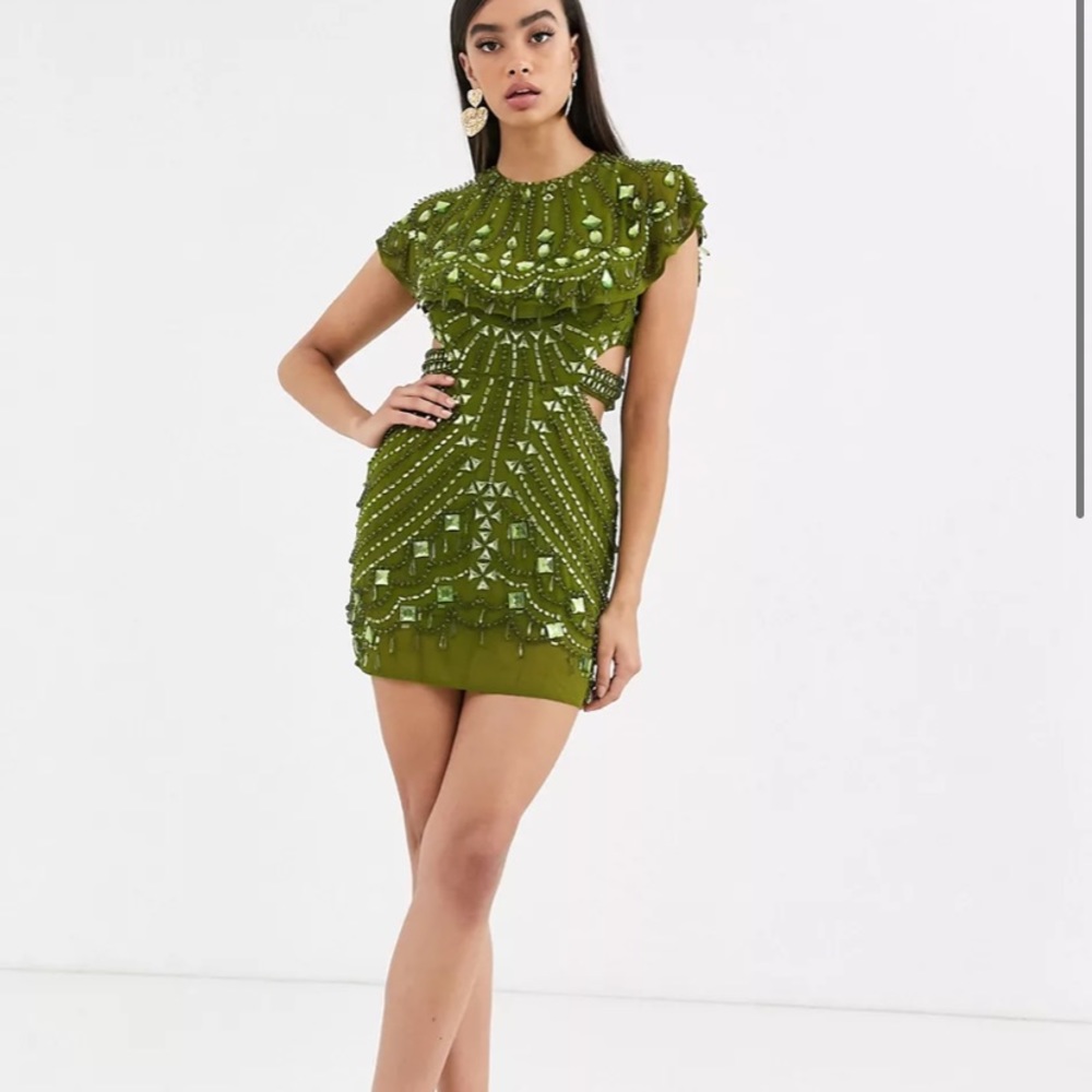 Asos green embroidered sequin dress with cutout